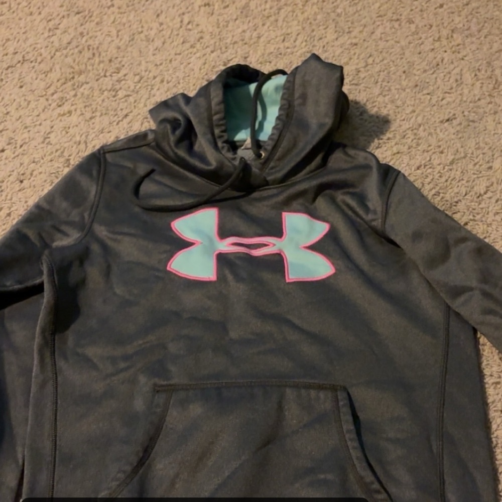 Under Armour Women's Charcoal Hoodie with Pink Emblem